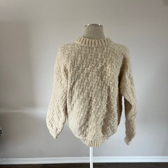 Cream Knit Cardigan Wool Irish Fisherman Wmns OS Cottagecore Wooden Buttons - Picture 3 of 9